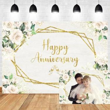 Imagem de Leyiyi Pano de fundo de feliz aniversário de 0,9 x 0,9 m, branco, rosa, floral, glitter, dourado, champanhe, brinde ao aniversário de casamento, fundo fotográfico, chá de panela, Miss to Mrs