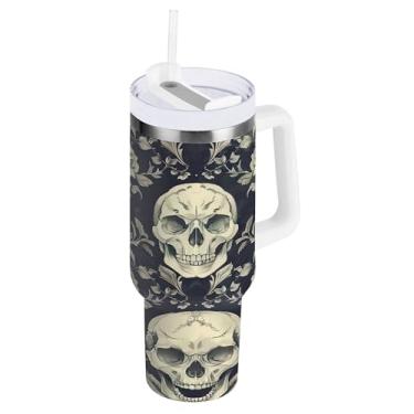 Imagem de SEHANY Copo Skull Gothic de 850 g com alça, copo isolado de aço inoxidável a vácuo de parede dupla, à prova de vazamento, copo de viagem isolado cabe no suporte de copo de carro