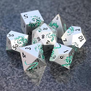 Imagem de Soaring Emerald Dragon Artisan Dice Set - 7-Piece Engraved Metal Dice for Call of Cthulhu, TTRPG, Tabletop Games- LWGH
