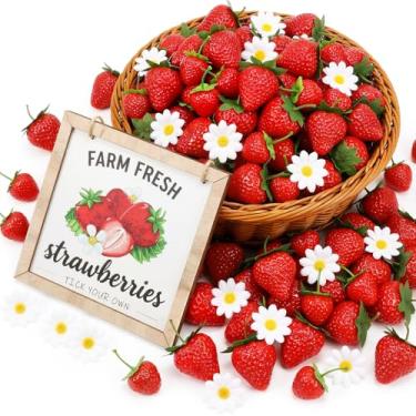 Imagem de Norme 81 peças de decoração de mesa de morango artificial, morangos de plástico falso, margarida branca artificial e enfeites de mesa de madeira penduráveis para decoração de cozinha de casa, adereço