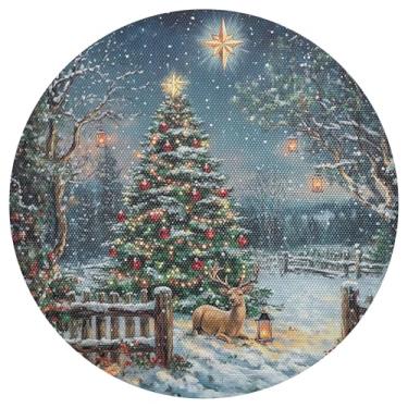 Imagem de xigua Jogo americano redondo de árvore de Natal, conjunto de 4, tapete de mesa redondo antiderrapante resistente ao calor, tapetes de mesa de 48 cm para decoração de cozinha, jantar e festa