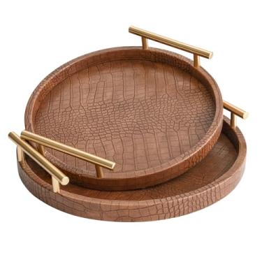 Imagem de JUMBO HUMBLE Bandeja de servir decorativa moderna, conjunto de 2 bandejas redondas modernas de couro de crocodilo com alças de metal polido, bandejas decorativas, bandeja de mesa de café, travessa