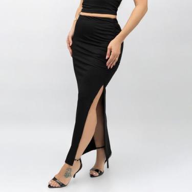 Imagem de Saia Feminina Longa Casual Midi Franzida Fenda Lateral Em Suplex Lança