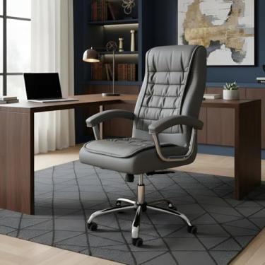 Imagem de Cadeira Presidente de Escritório de Couro com Molas Ensacadas - Conforme NR17, Ideal para Conforto em Trabalho Prolongado(Cinza)