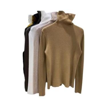 Imagem de Suéter Feminino De Manga Longa Com Gola Alta Tricotado Em Malha Canela