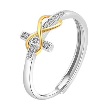 Imagem de OIDEA Anel de cruz dupla feminina: Anéis de cruz de zircônia cúbica da moda para mulheres ajustável empilhável fé pureza anel batismo joia cristã presente para ela, Metal, Sem pedra preciosa