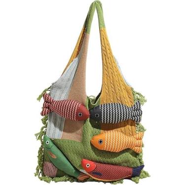 Imagem de 3D Fish Knitted Fringe Tote Bag, Lightweight Large Capacity Shoulder Bag With Fish Decoration, For Travel Vacation (Green)