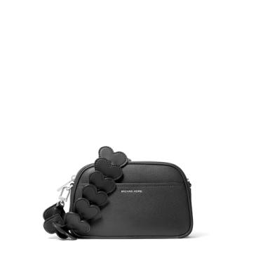 Imagem de Michael Kors Bolsa transversal pequena para câmera Jet Set, ferragens prateadas/couro com alça de coração/preta