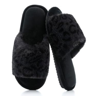 Imagem de GOEWY Pantufas femininas felpudas de bico aberto com espuma de memória – Pantufa fofa e aconchegante com estampa de leopardo para uso interno/externo, macio, para mulheres, mães, mulheres, Leopardo