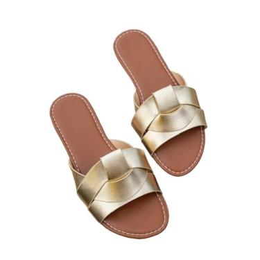 Imagem de Sandálias rasteiras de verão cor sólida bico aberto chinelos de praia femininos plus size slides (dourado, 3GG)