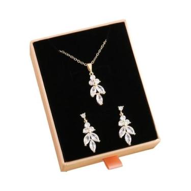 Imagem de Conjunto De Brincos E Colar De Zircônia Rosa Clássico Marique Folha AA