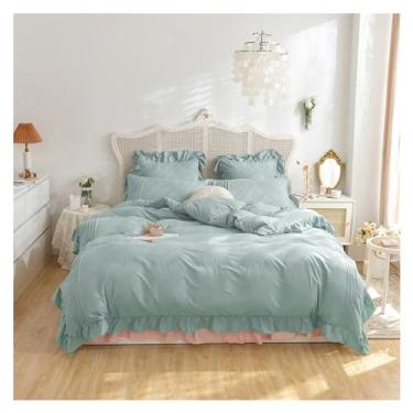 Imagem de Jogo de cama casal com babados e renda para meninos/meninas, branco e cinza, conjunto de capa de edredom queen/queen (2 King 4 peças)