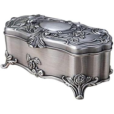 Imagem de Caixa de joias de metal vintage, portátil, pequena bugiganga, caixa de armazenamento de joias para anéis, brincos, colar, organizador de baú do tesouro, joias antigas, caixa de presente para meninas