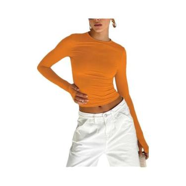 Imagem de Camiseta Cropped Feminina De Manga Longa Com Decote Redondo E Abertura