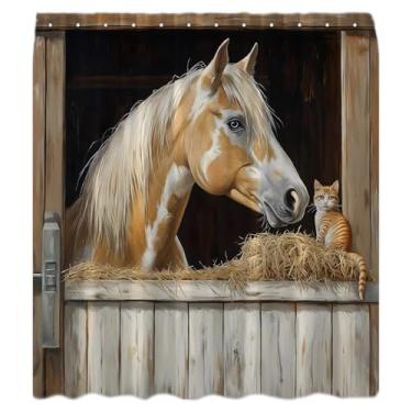 Imagem de JWJAMM Cortina de chuveiro para porta de celeiro Western Horse Farmhouse Funny Brown Horse com gato animais selvagens tábua de madeira rústica cavalo ocidental natureza natureza cortinas de banho com