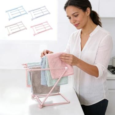 Imagem de Escorredor de pano de louça, suporte de pano de prato dobrável com 4 braços, suporte vertical para toalha de mão (rosa, azul claro, rosa claro)