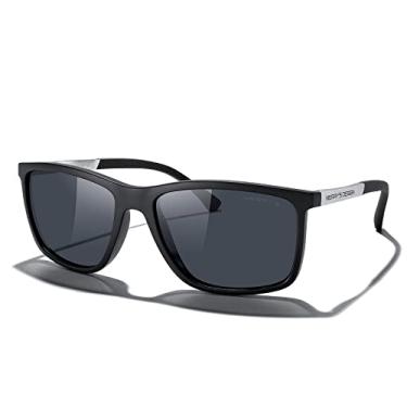 Imagem de MERRY'S Óculos de sol unissex retangulares polarizados para pesca, condução, golfe, têmpora de alumínio S8658, Armação preta fosca/lente preta/hastes prateadas, Lens Width: 58 Millimeters