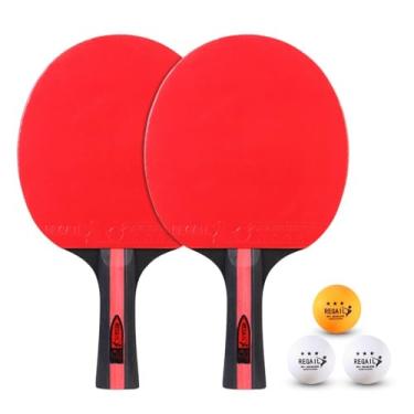 Imagem de MOPFOL Pacote com 2 conjuntos de tênis de mesa com 3 bolas e bolsa de transporte – Raquetes de madeira polar duráveis e estojo com zíper (vermelho B)