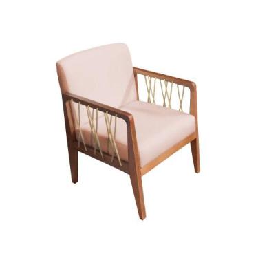 Imagem de Poltrona Barcelona Linho Salmão Com Corda Náutica Champagne Base Fixa 