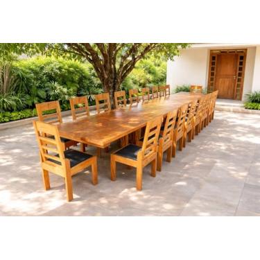 Imagem de CONJUNTO MESA RÚSTICA MADEIRA MACIÇA ANGELIM TAMPÃO(600CM X 90CM X 6,0CM) COM 18 SEMI-POLTRONAS ESTOFADAS NO ASSENTO, SEM ENCOSTO P/BRAÇOS PÉS DA MESA EM GUARANTÃ - ACABAMENTO VERNIZ AUTO-BRILHO