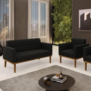 Imagem de Conjunto Poltrona E Namoradeira Decorativas Pés Fixo Em Madeira Castanho Suede Preto