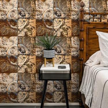 Imagem de Stickyart 44,5 cm x 701 cm Papel de parede envelhecido de azulejo de estanho removível antigo 3D de estanho 3D papel de contato rústico marrom branco papel de parede vintage para parede de quarto e