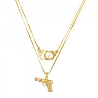 Imagem de Gargantilha Dupla Pistola Algema Banho De Ouro, Cravejado