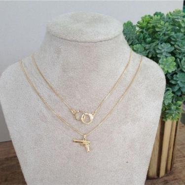 Imagem de Gargantilha Dupla Algema E Revolver Cravejado Banhada A Ouro 18k