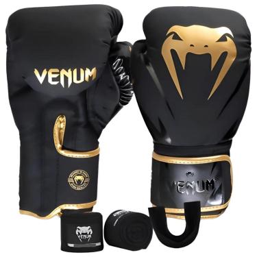 Imagem de Luva De Boxe Muay Thai Kickboxing Impact Evo Preta e Dourado + Bandagem + Protetor Bucal - Venum-Unissex