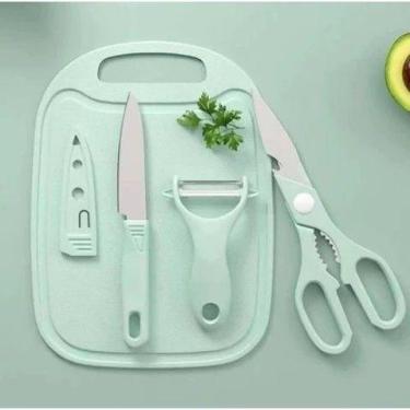Imagem de Kit 4 Utensílios Cozinha Faca Tesoura Descascador Tábua Corte Carne Ve