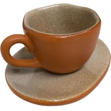 Imagem de Xícara de café c/ pires de cerâmica orgânico marrom neblina - haifa co