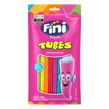 Imagem de Fini Regaliz Tubes Arco-iris Sabores Sortidos Com Recheio Azul 80g