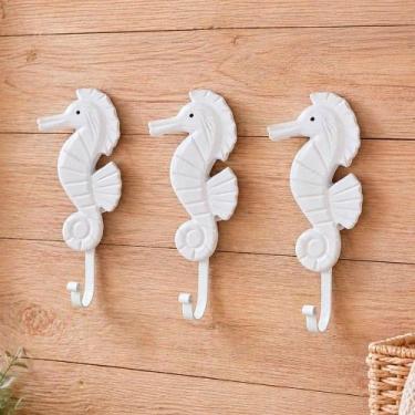 Imagem de Gancho Cabideiro Cavalo Marinho Porta Toalha Kit 3 Peças Parede Decora