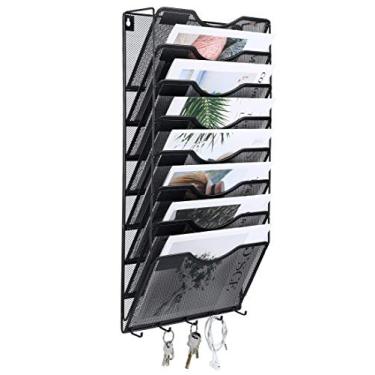 Imagem de EasyPAG Organizador de arquivos de parede de malha de 8 bolsos com ganchos para chave, suporte de pasta de papel para pendurar com etiqueta de classificação, organizador vertical de parede para