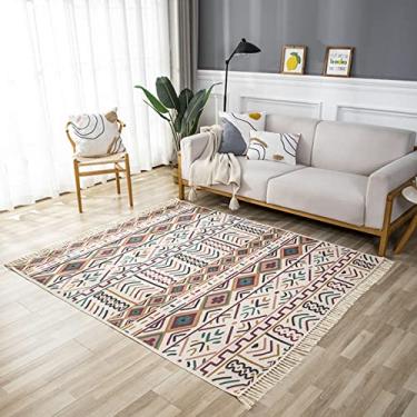 Imagem de Tapete de área de algodão boêmio com franja tecida tapete de porta geométrico com borla lavável à máquina tapete de chão para varanda cozinha sala de estar