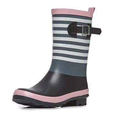 Imagem de Laura Ashley Botas de chuva femininas de borracha com fivela de cano alto, botas leves à prova d'água para mulheres, rosa, preto e azul, listras cinza, salto de 2,5 cm, Listra rosa, 8