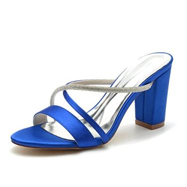 Imagem de Sapatos de noiva femininos Chunky Peep Toe sapatos de salto alto marfim sapatos de cetim sapatos sociais 36-43,Blue,6 UK/39 EU