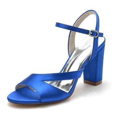 Imagem de Sapatos de noiva de cetim femininos de salto alto grossos marfim Peep Toe sapatos sapatos sociais 36-43,Blue,8 UK/41 EU