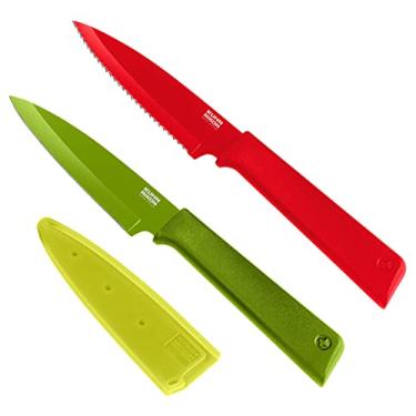 Imagem de Kuhn Rikon COLORI+ Facas de descascar retas e serrilhadas antiaderentes com bainhas de segurança, conjunto de 2, vermelho e verde