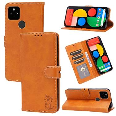 Imagem de YUNCHAO Caixa de telefone @#@Para o Google Pixel 5A 5G Gravado Happy Cat Padrão Horizontal Flip Capas De Couro Com Holder & Cart Slots & Carteira@#@ capa para celular