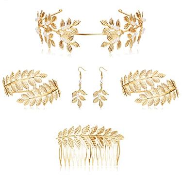 Imagem de FUNRUN JEWELRY Conjunto de 6 peças de acessórios de fantasia de deusa grega para mulheres, faixa de cabeça de folha, punho de antebraço, bracelete, brincos pendentes para cabeça de casamento, festa de Toga, Metal, Sem pedras preciosas,