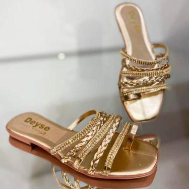 Imagem de Sandália Rasteira Tiras Com Strass Bronze - Deyse Shoes Store