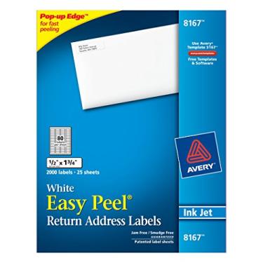 Imagem de Etiquetas de endereço Avery Easy Peel para impressoras a jato de tinta, 0,5 cm x 3,75 cm, branco, pacote com 2000 (8167)