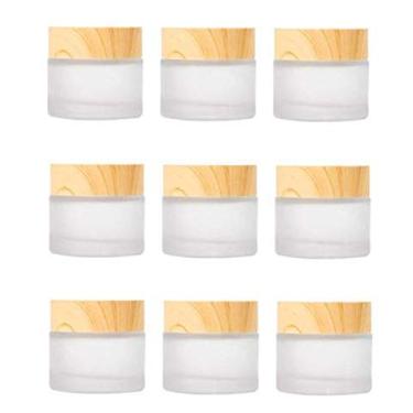 Imagem de Healthcom 10 frascos de 10 gramas/10 ml de vidro fosco para cosméticos com tampa de grão de madeira, recipientes para cosméticos vazios, vidro recarregável, creme para rosto, para