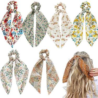 Imagem de 6 peças de lenço de cabelo floral scrunchies laço fitas de cabelo floral laços lenço de chiffon elásticos elásticos elásticos rabo longo apertado com laços