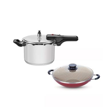 Imagem de KIT - Panela de pressão inox 4,5l Brava + Panela Wok Alumínio Paris 36cm Vermelha - Tramontina