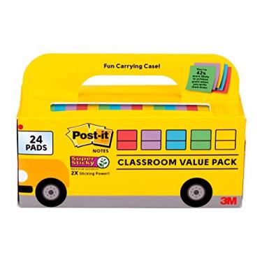 Imagem de Post-it Notas super adesivas, pacote econômico de sala de aula, 24 blocos/pacote, 2X The Sticking Power, 7,62 x 7,62 cm, cores brilhantes (654-24SSAN-BUS)