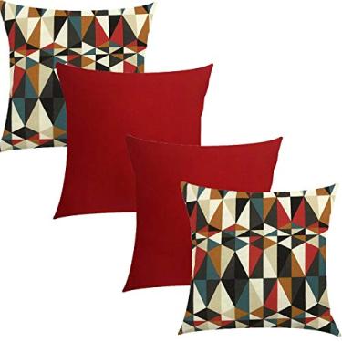 Imagem de Kit 4 Capas de Almofadas Composê Geométrico vermelho com Cetim Vermelho 45x45cm