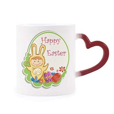 Imagem de Caneca infantil Happy Easter Coelho amarelo cultivo de ovos sensível ao calor com mudança de cor vermelha