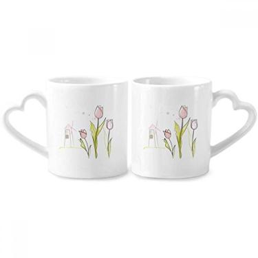 Imagem de Windmill Tulipa House Greenery Plant Flower Couple Conjunto de canecas de porcelana para casal de cerâmica amante copo coração alça
